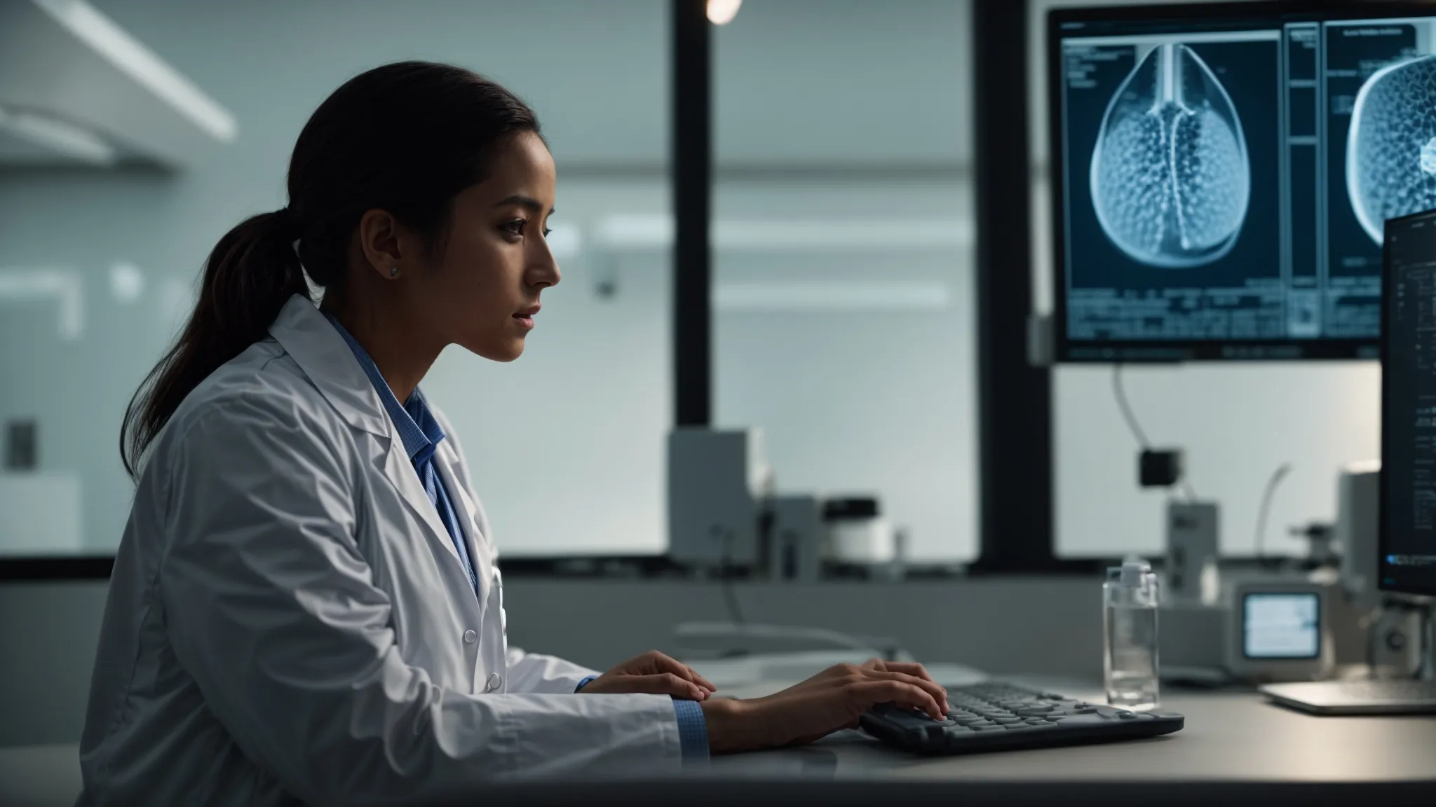 a doctor in a white coat talks to a patient while a computer screen displays a medical software interface in the background.