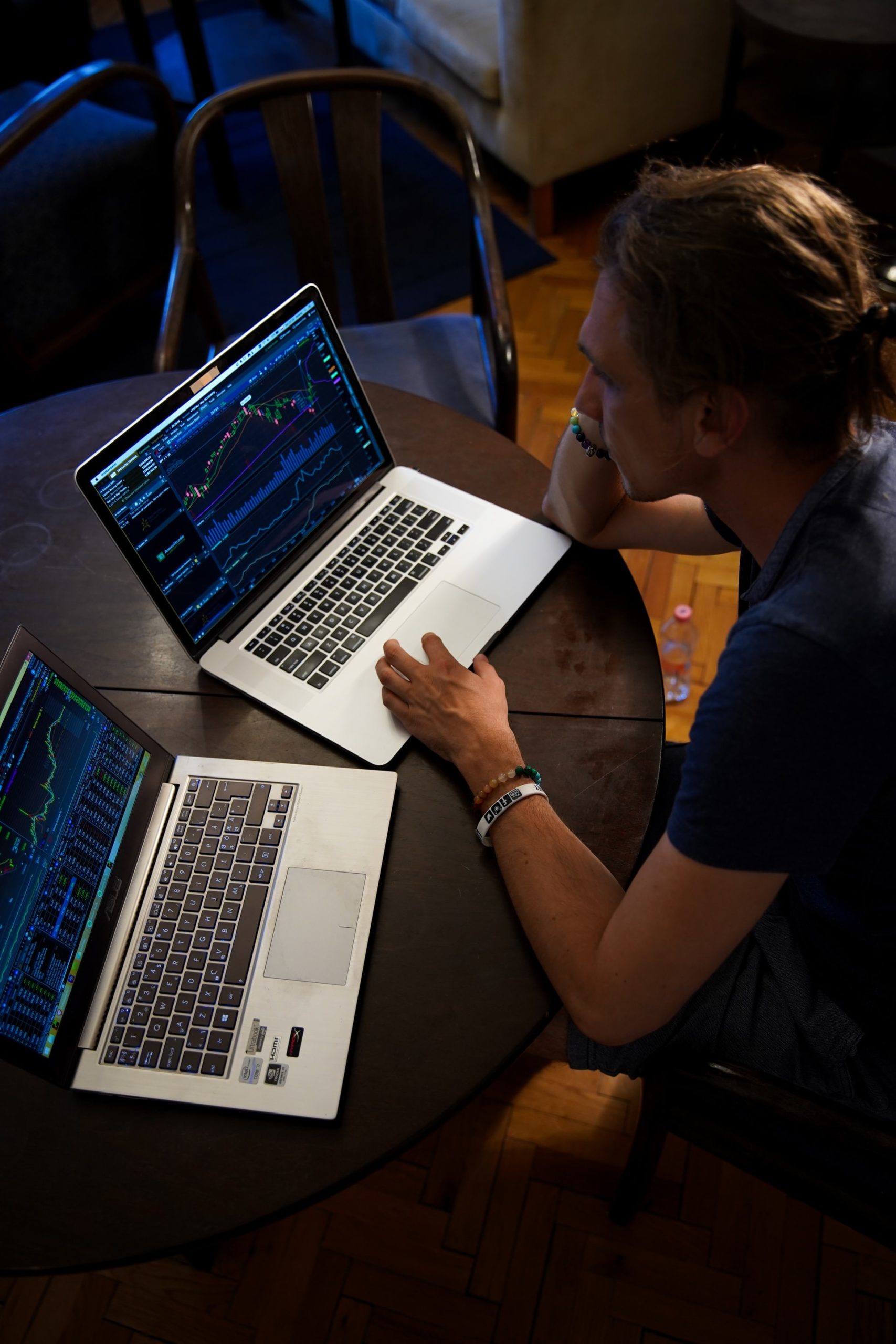 Man working on laptop displaying campaign security data and charts.