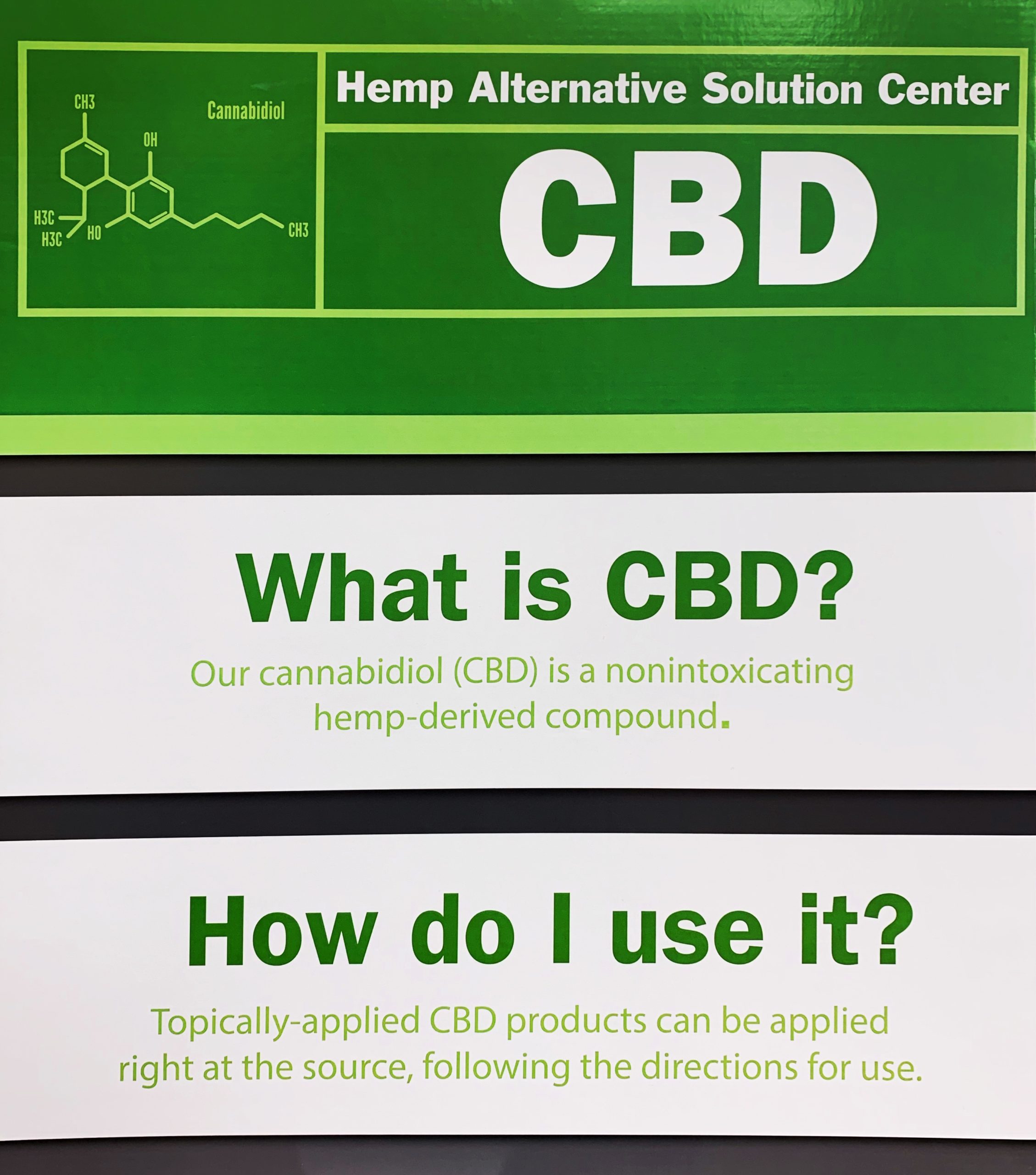 CBD molecular structure diagram and text explaining cannabidiol as a nonintoxicating hemp-derived compound.